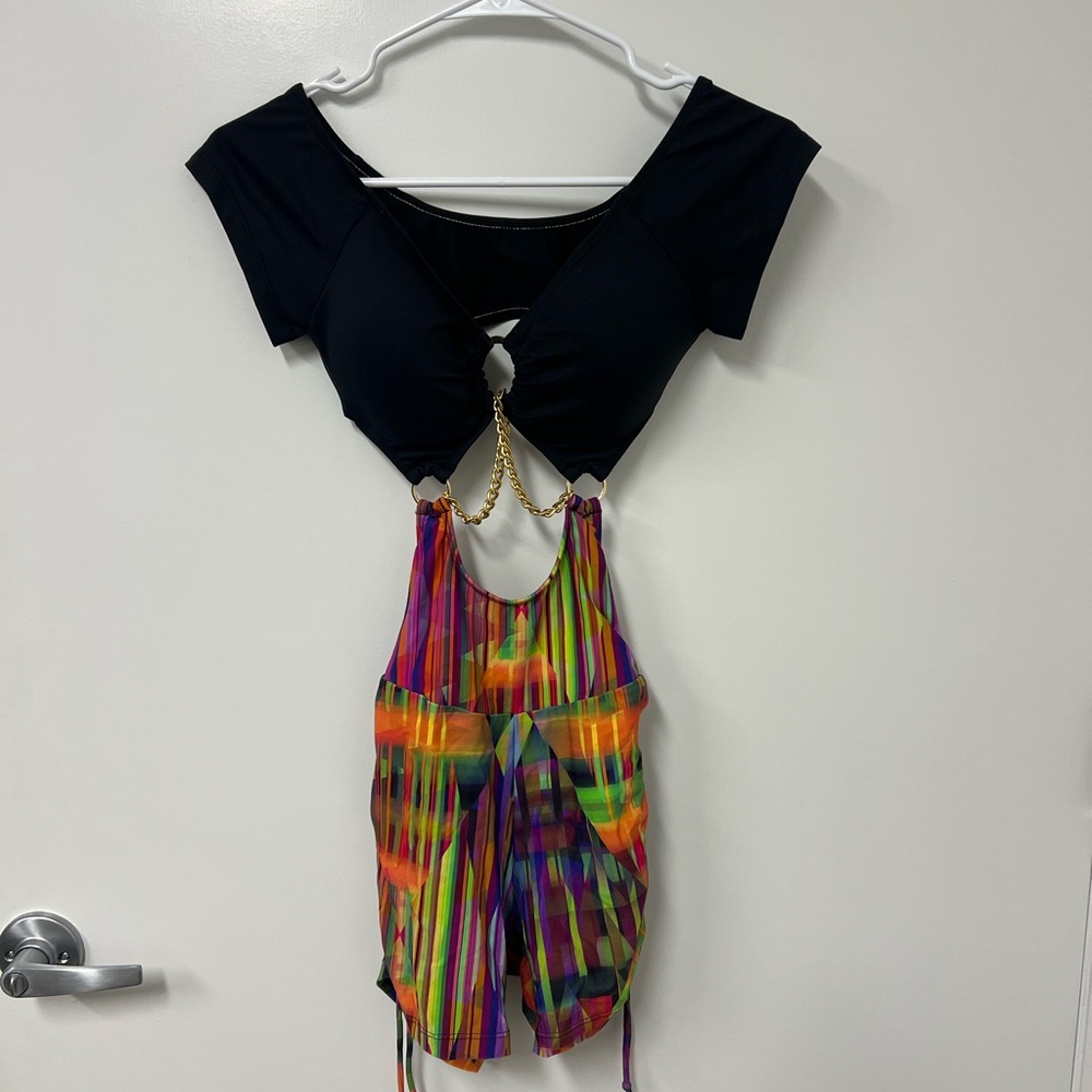 Black and Multicolor Cutout Bodysuit with Chain Detail